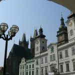 View of the city hall from an arcade.