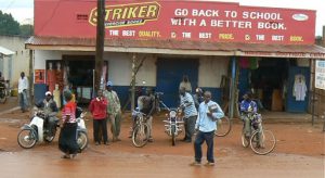 Masindi bookstore; walking and bicycles are the most common