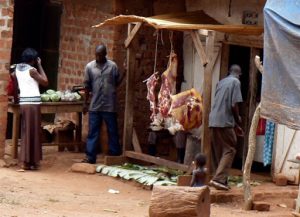 Masindi butcher shop; meat is slaughtered almost daily since