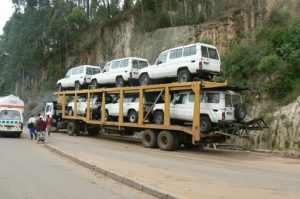 Trucks waiting for entry permits into Rwanda from Uganda.