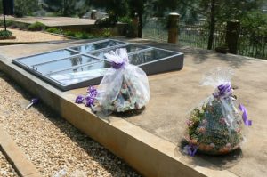 Genocide Memorial in Kigali - glass windows look into mass