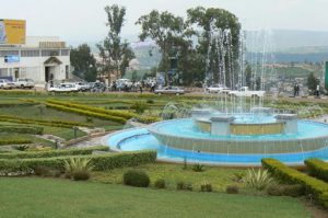 Water fountain in Kigali center. Kigali, population 851,024 (2005), is the