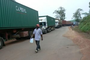 Trucks lined up in Uganda waiting for the Tanzania border