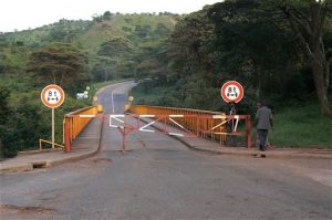 Border crossing from Uganda to Rwanda.  This bridge crosses the
