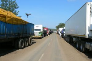 Truck waiting to clear customs in Zambia to cross the