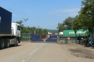 Cargo trucks waiting to clear customs in Zambia to cross
