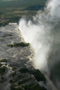 View of Victoria Falls from the helicopter. The falls are