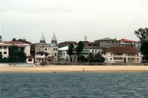 Waterfront street scene on arrival in Stone Town.