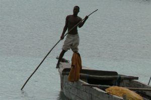 Fisherman navigates his boat.