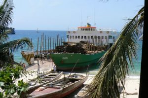 Stone Town port: unloading a shipload of hardwood lumber by