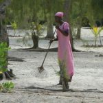 Pretty woman raking the sand at Sunset Cottages Resort