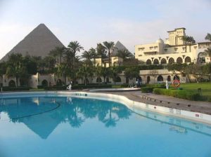 Mena House Hotel and pyramids.