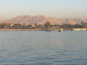 Looking across the Nile River to the hills of the