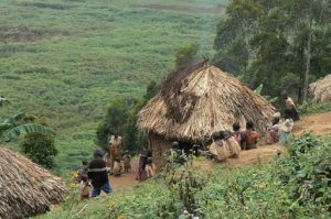 Lake Bunyonyi Pigmy village of straw huts. These people came from