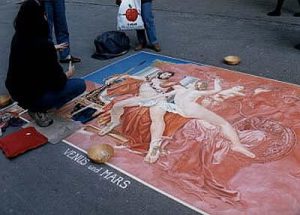 Switzerland - street artist in Berne; the chalk drawing lasts