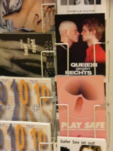 Gay post cards at Man-O-Meter gay center and cafe
