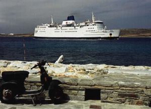 The Greek Islands - photo of inter-island ferry entering Mykonos