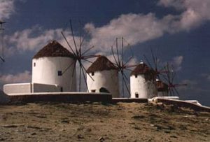 Picturesque restored windmills in Mykonos