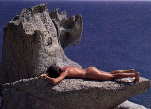 Fanciful postcard image of a naturist