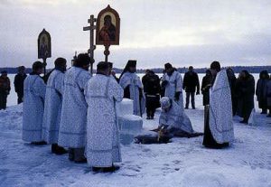 Valamo priests blessing fish