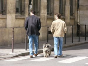 Gay couple walking the dog