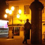 Night view of statue of Croatian writer August Senoain the