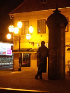 Night view of statue of Croatian writer August Senoain the