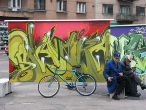 Zagreb - graffiti art billboards at a tram stop. Graffiti is