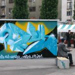 Zagreb - graffiti art billboards at a tram stop. Graffiti is