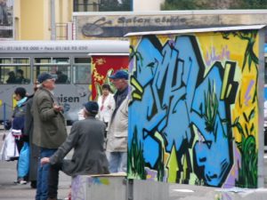 Zagreb - graffiti art billboards at a tram stop. Graffiti is