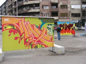 Zagreb - graffiti art billboards at a tram stop. Graffiti is