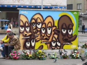 Zagreb - graffiti art billboards at a tram stop. Graffiti is