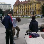 Skateboarders by the Croatian National Theatre (not seen in photo)