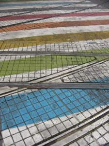 Tram tracks on a pedestrian crossing