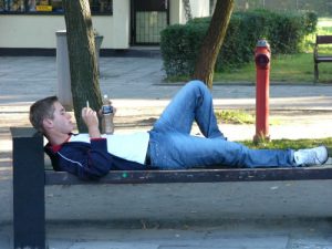 Resting on a bench at Auschwitz,