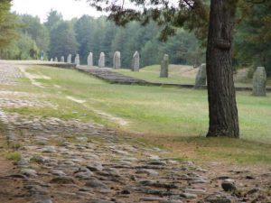 Symbolic railroad ties represent the trains