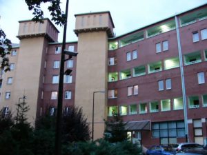 A quiet residential building where several