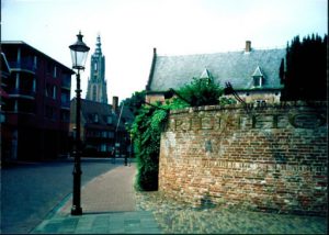 Street lantern with buildings in the distance.