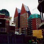 Looking above at the tops of buildings.