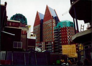 Looking above at the tops of buildings.