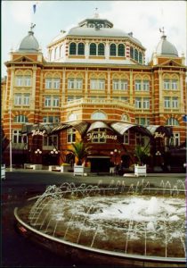 Water fountain in front of a hotel.