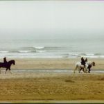 People riding horses on the beach.