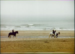 People riding horses on the beach.