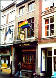 Two flags hang above the streets.