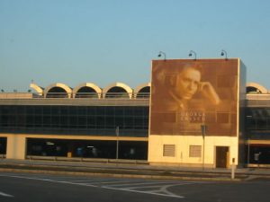 Bucharest Airport with George Enescu Banner