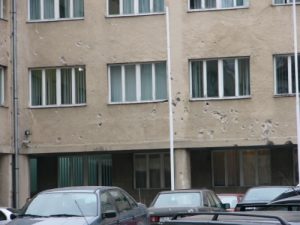 Bihac - University building with bullet holes. The University of Bihac