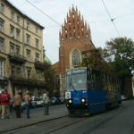 Kraków - city center trolley and Dominican Church behind