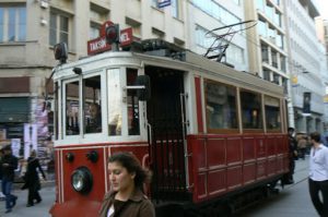 Trolley along Istikal Caddesi street in the historic Beyoglu district