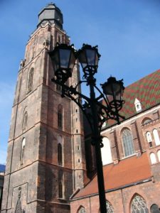 Rebuilt church and lamp post