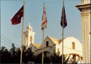 Three flags in Nicosia --Turkey, Cyprus and United Kingdom